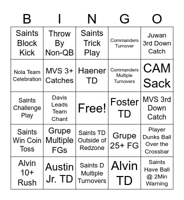 Saints v Commanders 24 Bingo Card