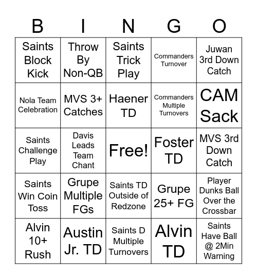 Saints v Commanders 24 Bingo Card