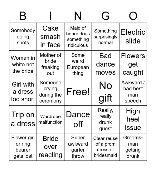 Wedding Bingo - Because we are terrible people Bingo Card