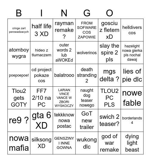 Game Awards Bingo Card