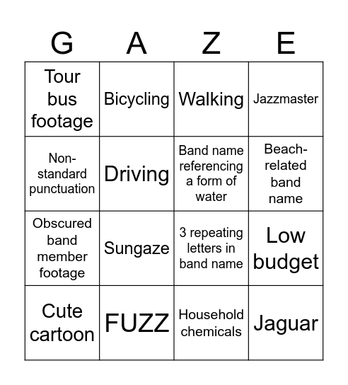 Shoegaze Video BINGO Card