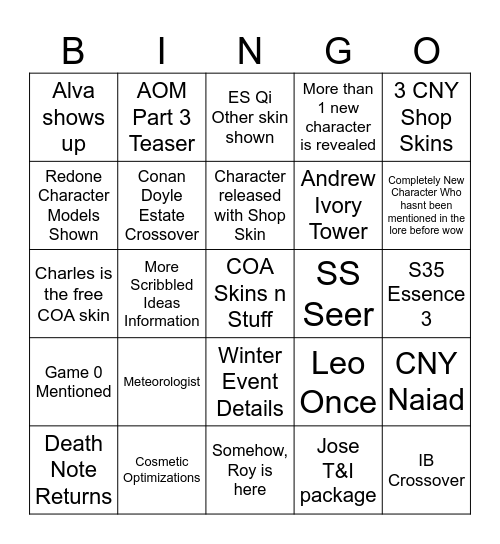 12/15 Livestream Bingo Card