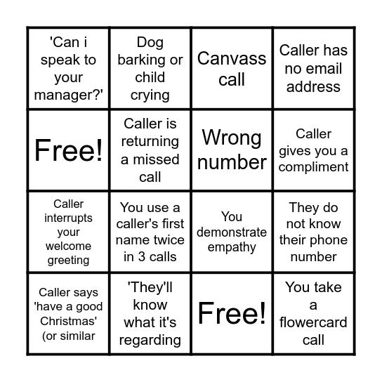 AQs Contact Centre Bingo Card