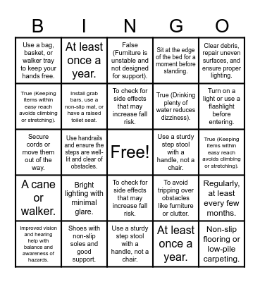 Fall Prevention Bingo Card