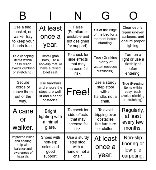 Fall Prevention Bingo Card