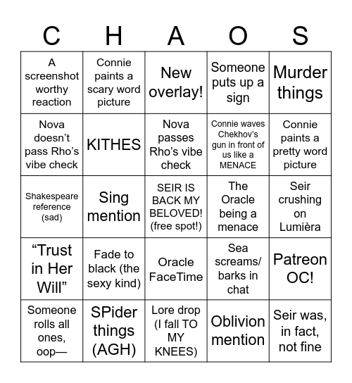 Transplanar CHAOS A3 E7-8 Bingo Card