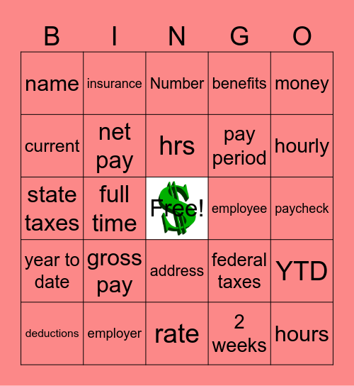 reading a pay stub Bingo Card