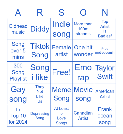 Spotify ARSON Bingo Card