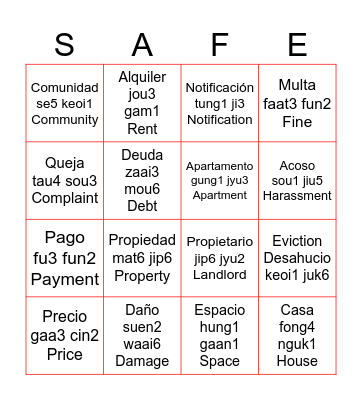 Tenant Rights Loteria Bingo Card