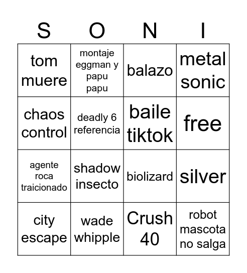 Sonic 3 Bingo Card