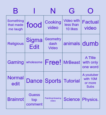 YT Shorts Bingo Card