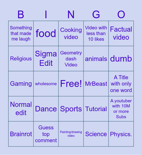 YT Shorts Bingo Card