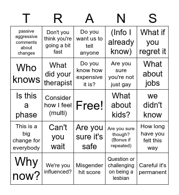 Parents trans response Bingo Card