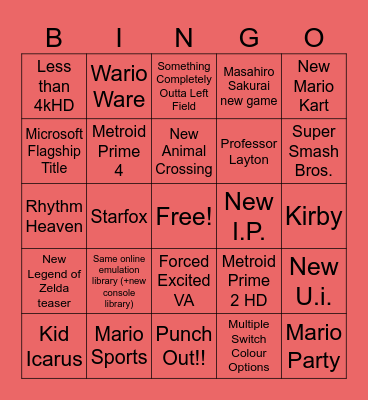 Nintendo Switch 2 Presentation Bingo Card