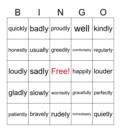 Adverb Bingo! Bingo Card