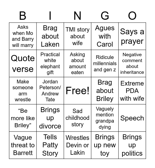 Shane Shenanigan Bingo Card