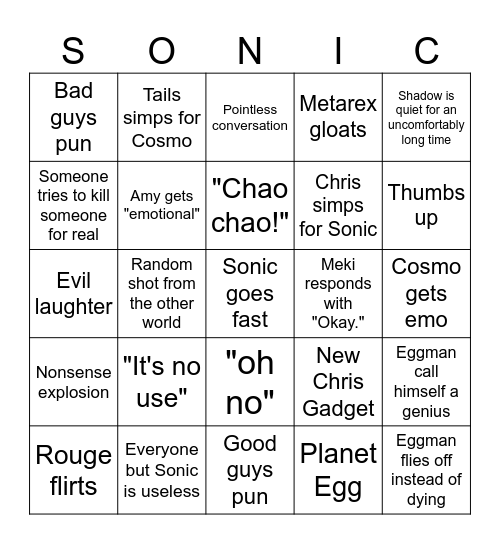 Sonic X Bingo Card