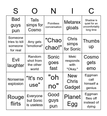 Sonic X Bingo Card