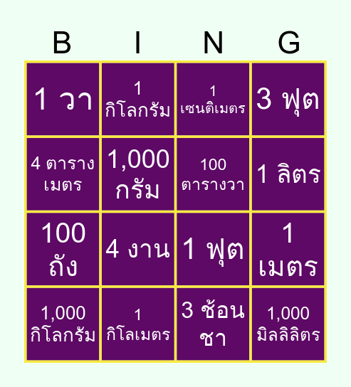 หน่วยมาตราวัดทางคณิตศาสตร์ Bingo Card