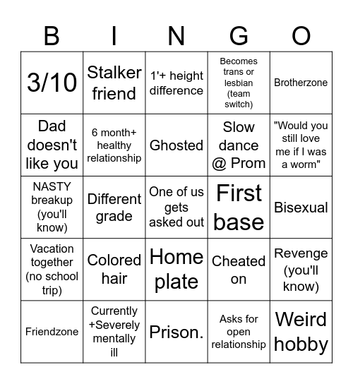 High School Dating Bingo Card