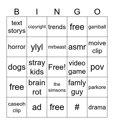 youtube shorts  bingo Card