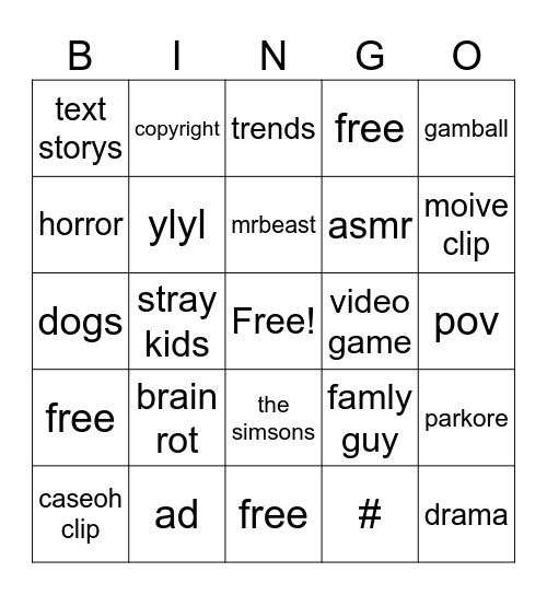 youtube shorts  bingo Card