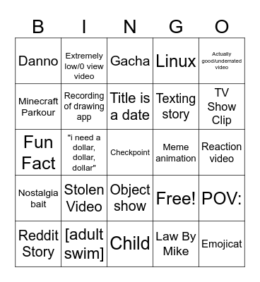 YouTube Shorts Bingo Card