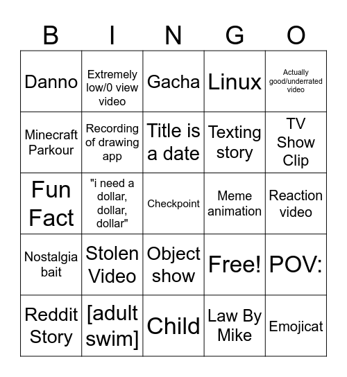 YouTube Shorts Bingo Card