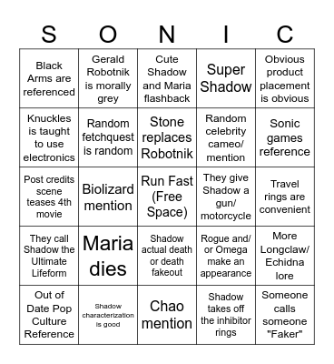 Sonic Movie 3 Bingo Card Bingo Card