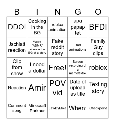 YT Shorts Bingo Card