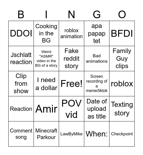 YT Shorts Bingo Card