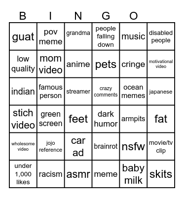 Instagram reel bingo Card