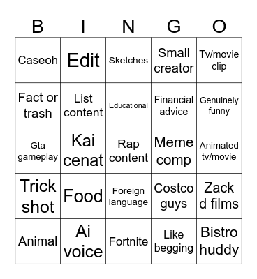 Youtube shorts bingo Card