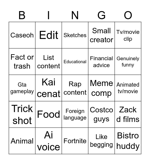 Youtube shorts bingo Card