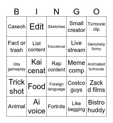 Youtube shorts bingo Card