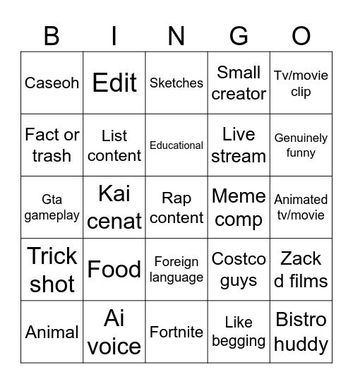 Youtube shorts bingo Card