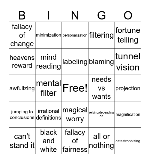 Cognitive Distortions Bingo Card