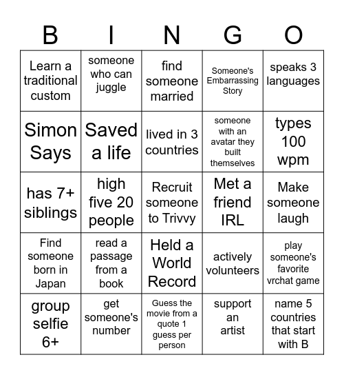 VR Chat Bingo Card