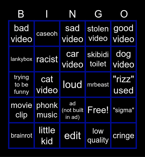 shorts bingo Card