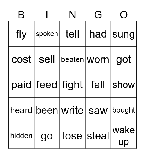 Irregular Verbs Bingo Card