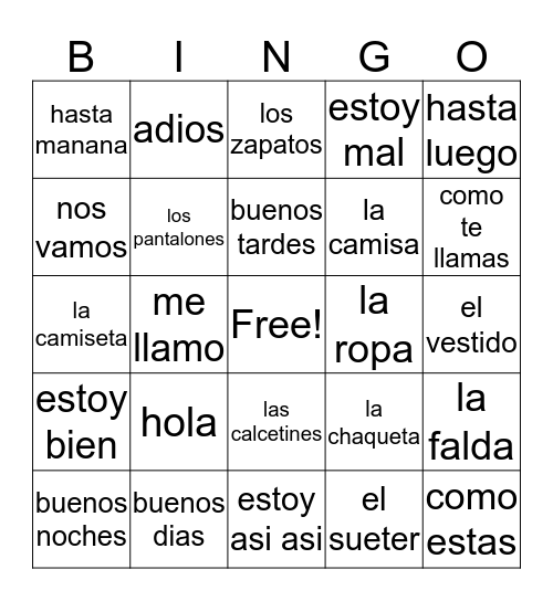 Spanish Class Bingo Card