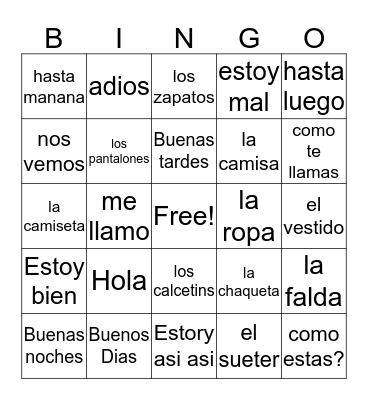 Spanish bingo Card