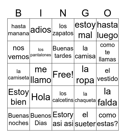 Spanish bingo Card