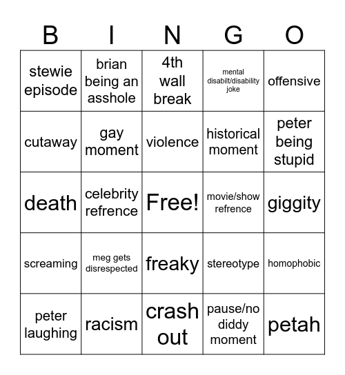 family guy Bingo Card