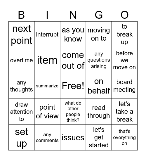 Chairing a meeting Bingo Card