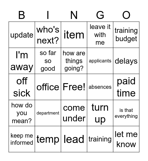 Team Update Bingo Card