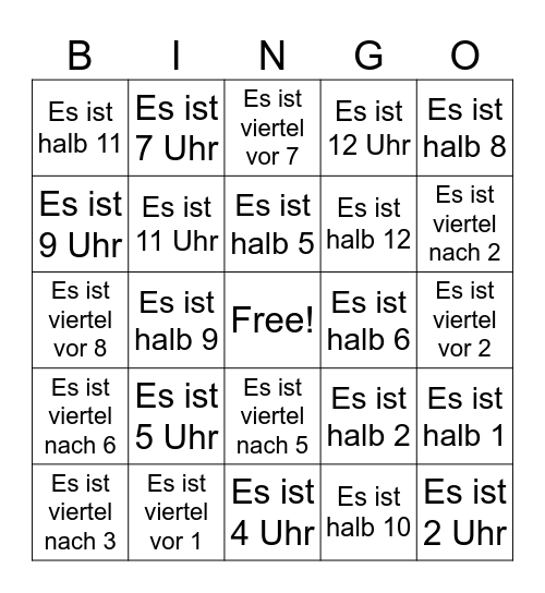 Uhrzeiten Klasse 2 Bingo Card