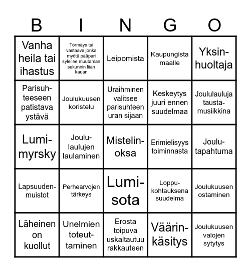 Romanttiset jouluelokuvat 2 Bingo Card