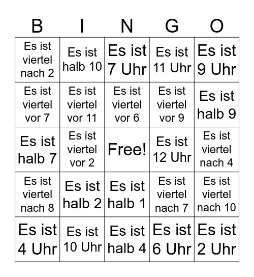 Uhrzeiten Klasse Bingo Card