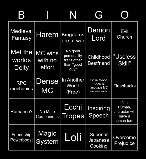 Isekai Bingo Card